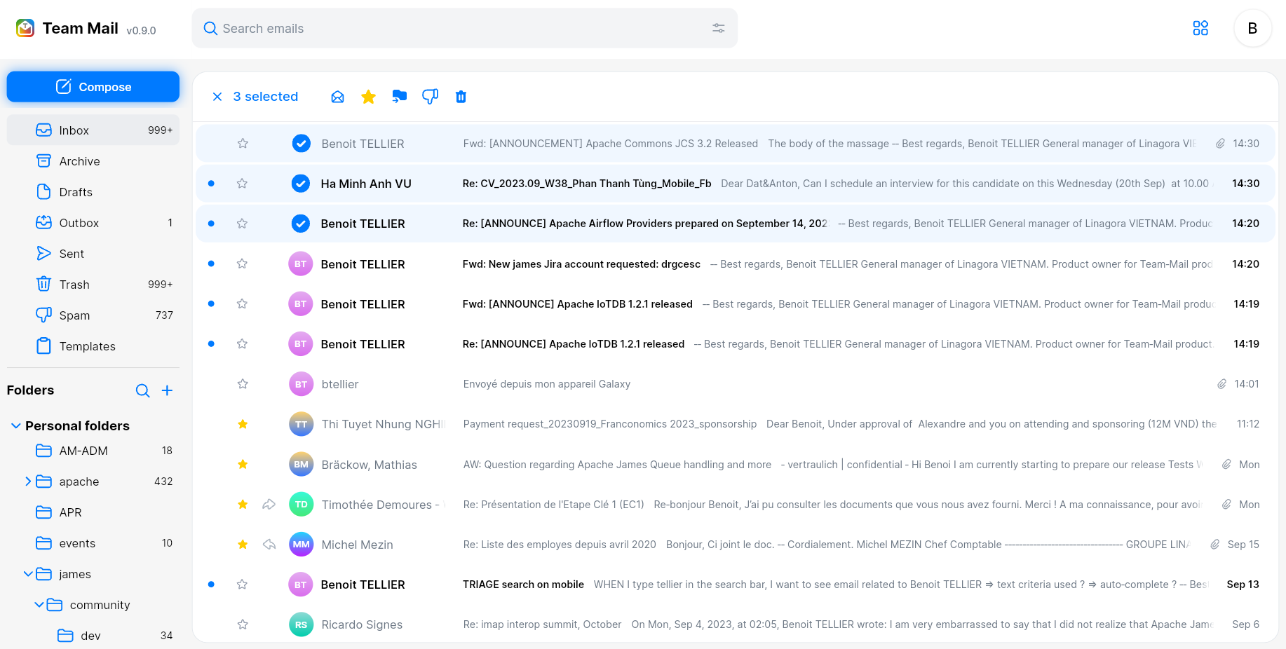 Actions on selected mails
